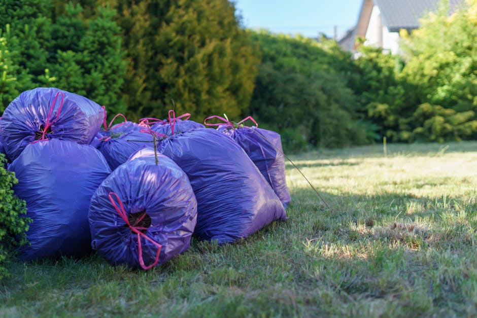 A group of multiple large purple rubbish bags made of shiny, crinkled plastic material are gathered together on a grassy lawn in an outdoor setting. The bags are tightly knotted at the tops with pink ties, and some bags appear to be leaning against a low, green shrub on the left. The grass surrounding the bags is a mix of green and brown patches, indicative of well-trodden or recently cleared ground. In the background, dense foliage of trees with bright green leaves creates a natural screen, while a few houses with grey roofs and white walls are partially visible beyond the trees. The scene is lit by natural daylight, with some shaded areas enhancing the textures and colors of the bags and greenery, suggesting a typical garden or yard environment suitable for private waste collection or rubbish removal services such as those provided by Rubbish Removal Tufnell Park, in the context of alternative waste handling or on-site clearance.